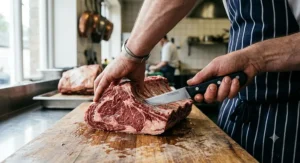Close up of a chef using a stiff boning knife to debone a joint of British beef.