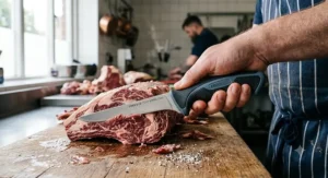 A stiff boning knife with a secure ergonomic handle designed for precise meat preparation.