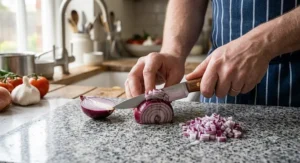 Finely dicing a red onion on a grey granite worktop with a professional straight paring knife.