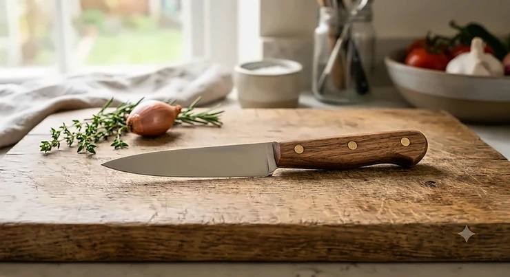 A classic straight paring knife with a traditional wooden handle and stainless steel blade resting on a wooden chopping board.