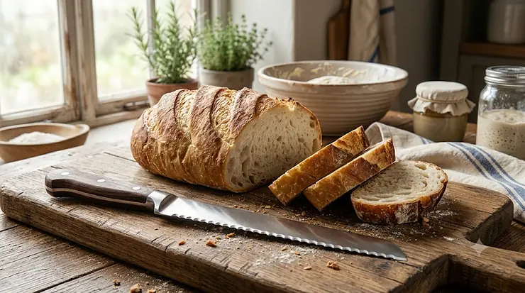 A top rated serrated bread knife with a sharp stainless steel blade next to a sliced white bloomer loaf.