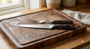 Traditional British carving knife and matching two-pronged meat fork resting on a carving board with juice grooves