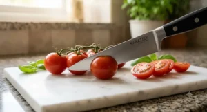 Versatile kitchen utility knife slicing ripe tomatoes cleanly on a marble chopping board