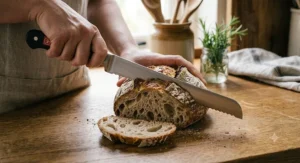 Long Wusthof serrated bread knife slicing smoothly through a crusty artisan bread roll