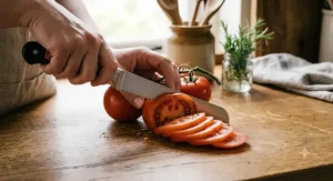 Precision Wusthof serrated utility knife cutting thin slices of ripe vine tomatoes