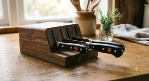 Wusthof utility knife and long serrated bread knife stored neatly in a wooden kitchen knife block