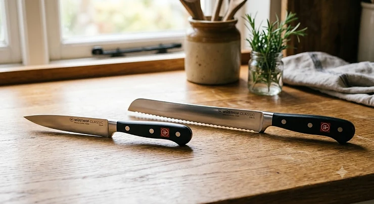 Wusthof utility knife and serrated bread knife displayed side by side on a British oak kitchen worktop
