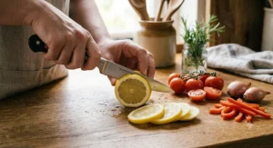 Versatile Wusthof utility knife slicing lemons and soft vegetables during everyday kitchen food prep