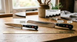 Illustration comparing blade lengths and teeth profiles of a Wusthof utility knife and serrated bread knife