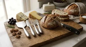 A freshly baked crusty sourdough loaf sliced with a serrated bread knife next to a speciality cheese knife set.