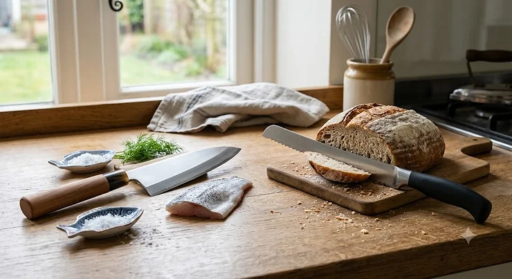 Comparison guide showing the best deba knife alongside a serrated bread knife on an oak kitchen worktop.