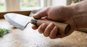 Traditional Japanese wooden handle on a best deba knife designed for comfortable grip during fish butchery.