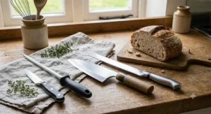 Essential British kitchen knife collection featuring the best deba knife and a serrated bread knife side by side.