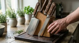 A premium kitchen knife block displaying a heavy meat cleaver alongside a long serrated bread knife.