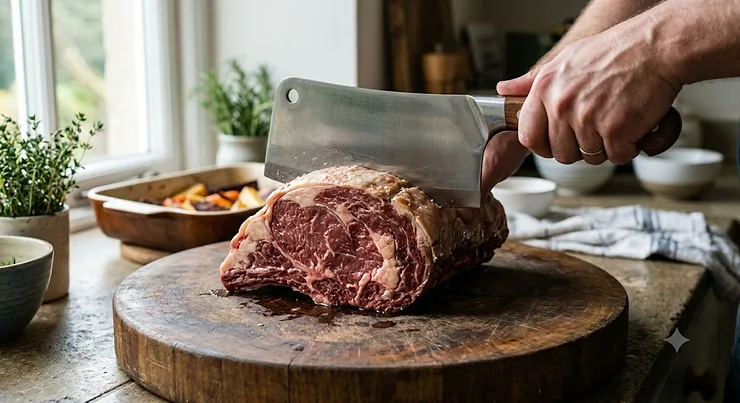 A heavy-duty stainless steel meat cleaver chopping a joint of beef on a wooden chopping board for a Sunday roast.