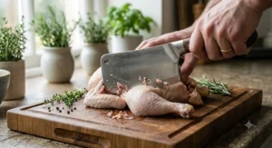 A high-carbon steel meat cleaver cleanly sectioning a whole chicken on a butcher block.