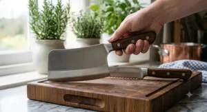 A side-by-side comparison illustrating the design differences between a heavy meat cleaver and a serrated bread knife.