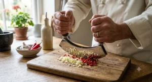Chef using the best mezzaluna knife to rock back and forth, finely mincing garlic and red chilli