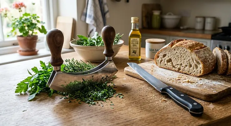 Best mezzaluna knife for chopping fresh herbs alongside a classic serrated bread knife on a wooden kitchen worktop