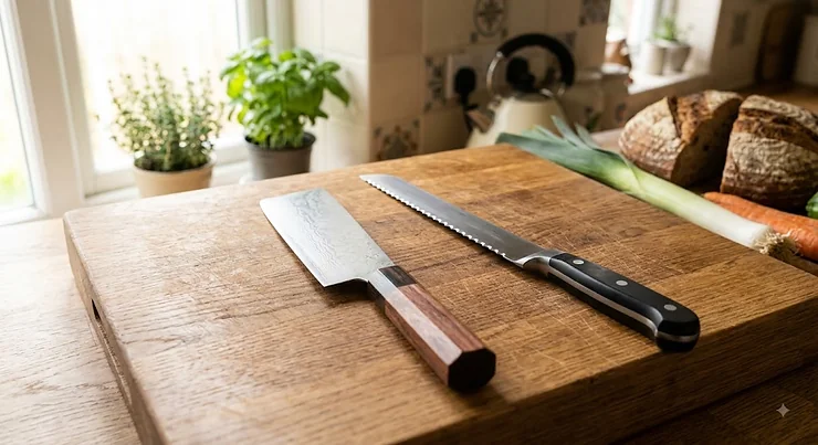 A comparison of the best nakiri knife and a serrated bread knife placed side by side on a wooden chopping board in a British kitchen.