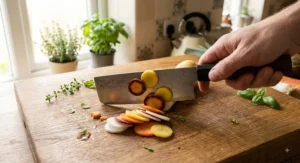 Precision slicing of crisp root vegetables with the best nakiri knife featuring a traditional Japanese double-bevel edge.