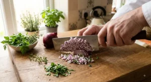 Chef using the best nakiri knife to finely dice red onions and fresh green herbs on a wooden worktop.