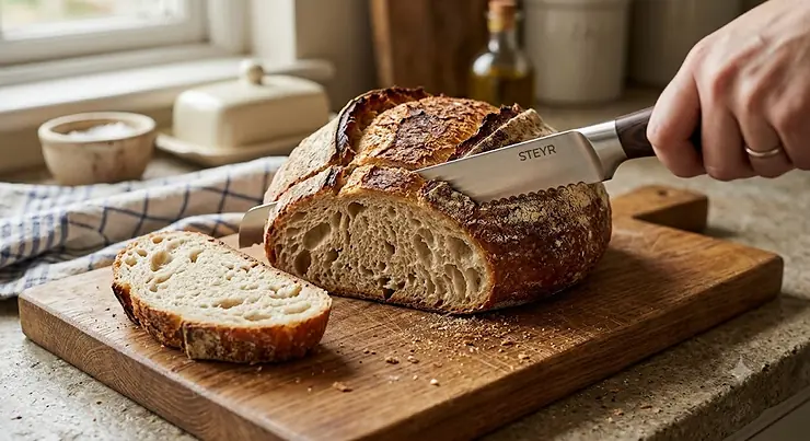 A high-quality serrated bread knife smoothly slicing through a freshly baked crusty sourdough loaf on a wooden board. best tomato knife