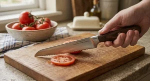 Close-up of the comfortable handle and sharp serrated edge of a top-rated British tomato knife