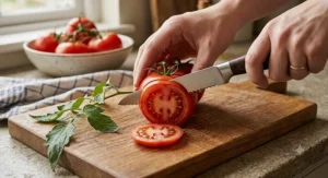Sharp serrated tomato knife cleanly cutting precise slices from a ripe vine tomato without squishing the skin