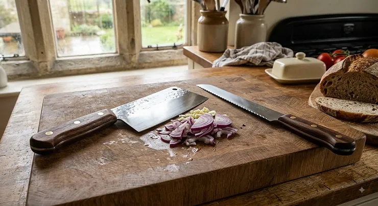 The best vegetable cleaver alongside a serrated bread knife resting on an oak chopping board in a British kitchen.