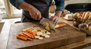 Chef using the best vegetable cleaver to slice root vegetables smoothly on a wooden worktop.