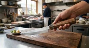 Traditional Japanese octagonal wooden handle featured on the best yanagiba knife for comfortable grip.