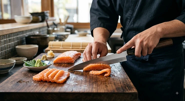 A chef precision slicing fresh salmon sashimi on a wooden board using the best yanagiba knife.