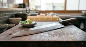 Close up illustration showing the single bevel traditional Japanese blade on the best yanagiba knife.
