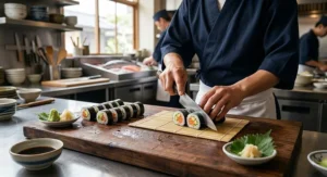 Preparing delicate sushi rolls on a kitchen counter with the best yanagiba knife.