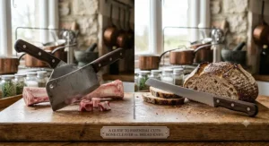 Illustration comparing a stainless steel bone chopping cleaver and a serrated bread knife.