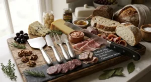 A British charcuterie platter displaying a sharp serrated bread knife, artisan bread, and an ornate cheese knife set.