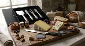 Mature British Cheddar and Stilton cheeses arranged with a complete cheese knife set and a serrated bread knife.