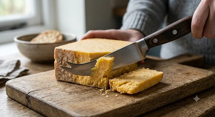Illustration of a sturdy cheese knife for hard cheese slicing through a block of mature Cheddar on a wooden chopping board