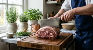 A professional chef holding the best meat cleaver to prepare fresh cuts of meat in a British kitchen.
