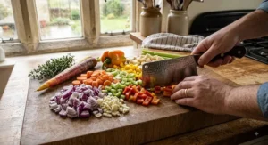 Home cook preparing fresh seasonal vegetables using a high-quality vegetable cleaver on a wooden chopping board.