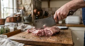 Chef using a sharp bone chopping cleaver to butcher a rack of lamb chops in a British kitchen.