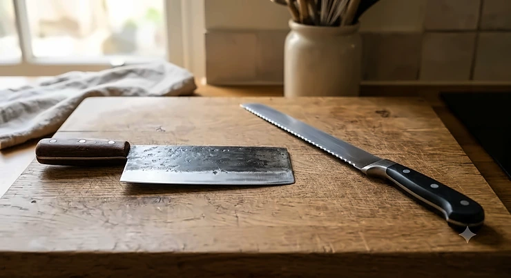 Side by side comparison of a traditional Chinese cleaver knife and a long serrated bread knife resting on an oak chopping board.