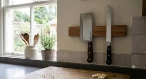 A Chinese cleaver knife and a serrated bread knife mounted neatly on a wall magnetic knife rack.