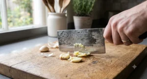 Flat face of a broad Chinese cleaver knife crushing fresh garlic cloves on a kitchen worktop.