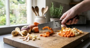 Stainless steel Chinese cleaver knife dicing fresh root vegetables on a heavy wooden chopping block.