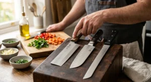 Chef selecting between a Japanese Nakiri knife, Santoku knife, and serrated bread knife for food preparation