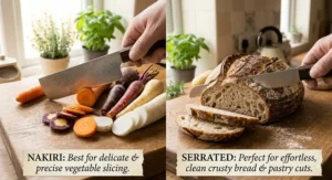 An informative guide illustrating when to use the best nakiri knife for vegetables versus a serrated bread knife for bakery items.