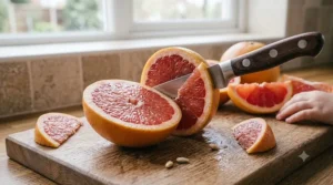 A compact tomato and citrus knife with an ergonomic handle slicing a fresh grapefruit into neat halves.