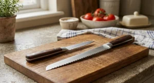 Side-by-side comparison of a compact serrated tomato knife and a long serrated bread knife on a kitchen worktop
